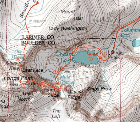 Our "lucky day" route up and down Longs Peak. The "X's" mark the spots of Brian's found luck.